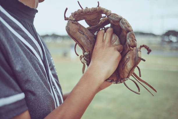 baseball glove and sports athlete in energy exercise for softball pitcher