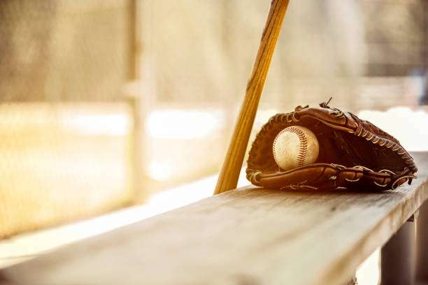 A classic leather baseball glove and ball rest on a wooden bench with a bat.