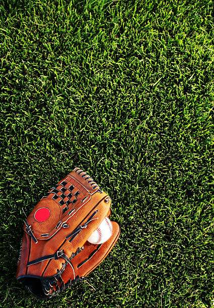 A top view image of an old used baseball, baseball glove, and baseball bat.